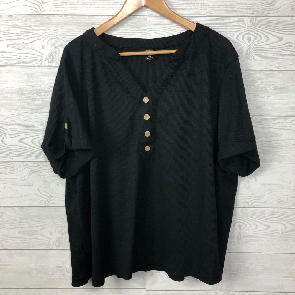 Emery Rose Women's 5XL Waffle Knit Short Sleeve Popover Shirt Solid Black Tee